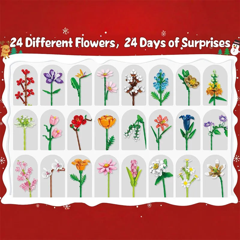 Christmas Countdown Flower Bouquet Building Blocks 24 Days Advent Calendar Surprise Blind Box for Kids Adults Holiday DIY Gift