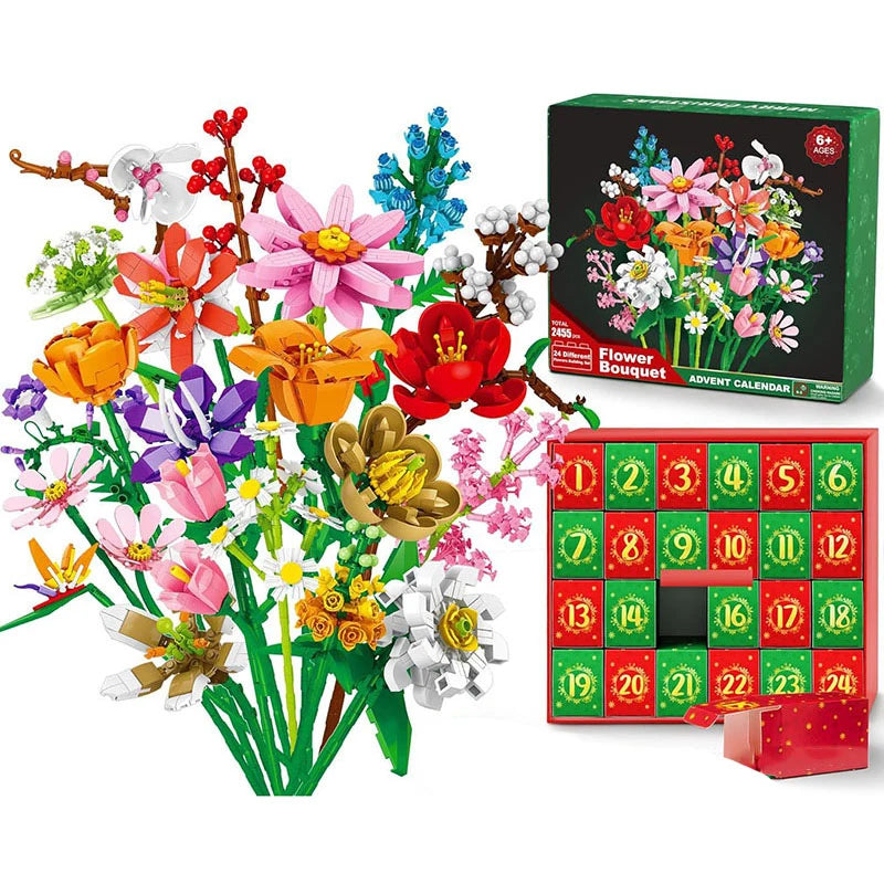 Christmas Countdown Flower Bouquet Building Blocks 24 Days Advent Calendar Surprise Blind Box for Kids Adults Holiday DIY Gift
